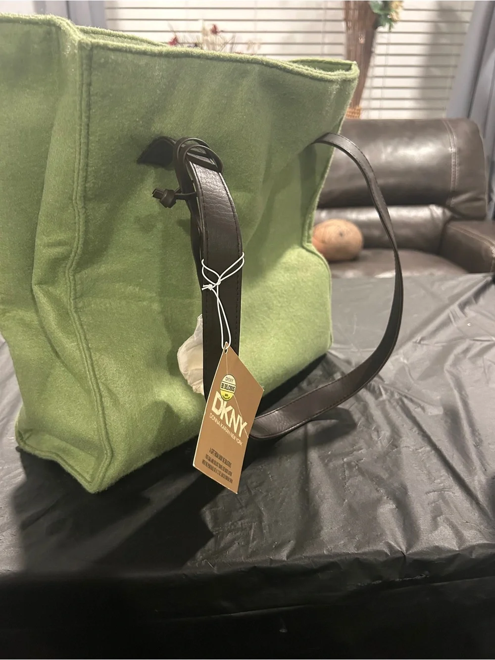 DKNY Olive Green Felt Tote with Dark brown Handles